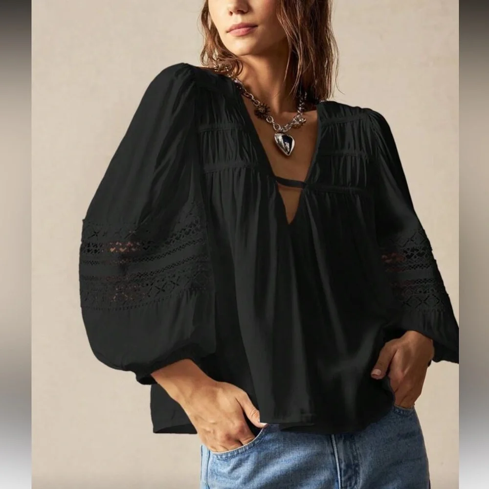 Chic Black Blouse with Lace Sleeves